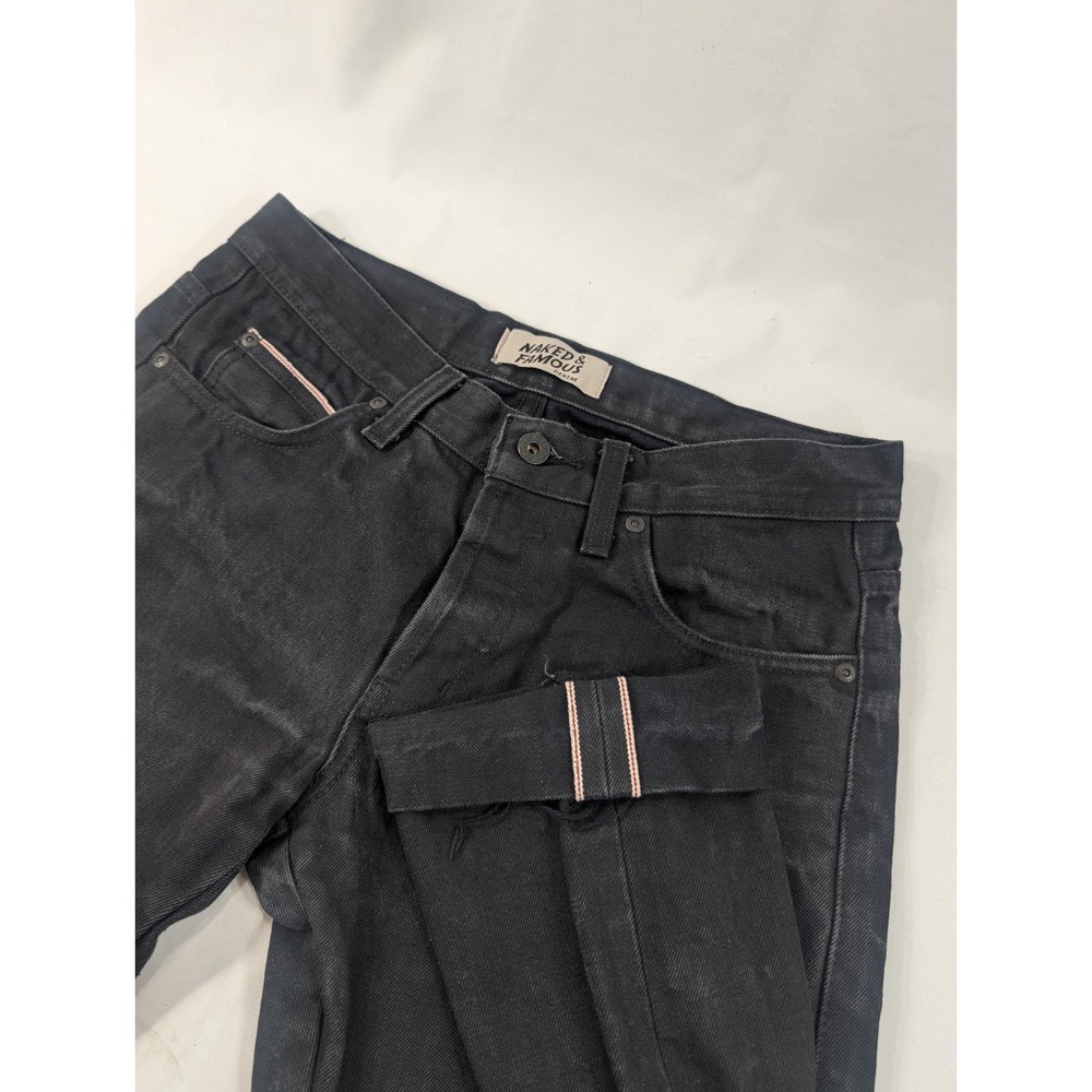 Naked & Famous Jeans 30x28 (32) Raw Hem Super Skinny Guy  Selvedge Denim Black